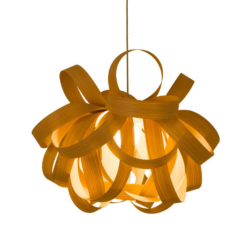 Contemporary Wooden Pendant Lamp - 1 Light, Beige - 18"/23.5" Width - Living Room Hanging Light