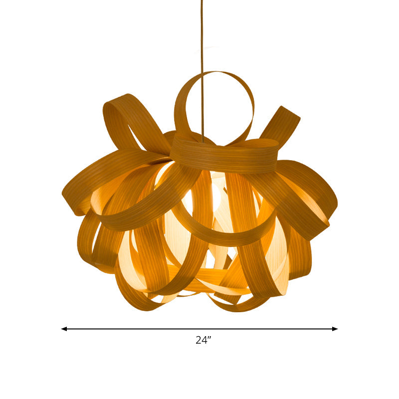 Contemporary Wooden Pendant Lamp - 1 Light, Beige - 18"/23.5" Width - Living Room Hanging Light
