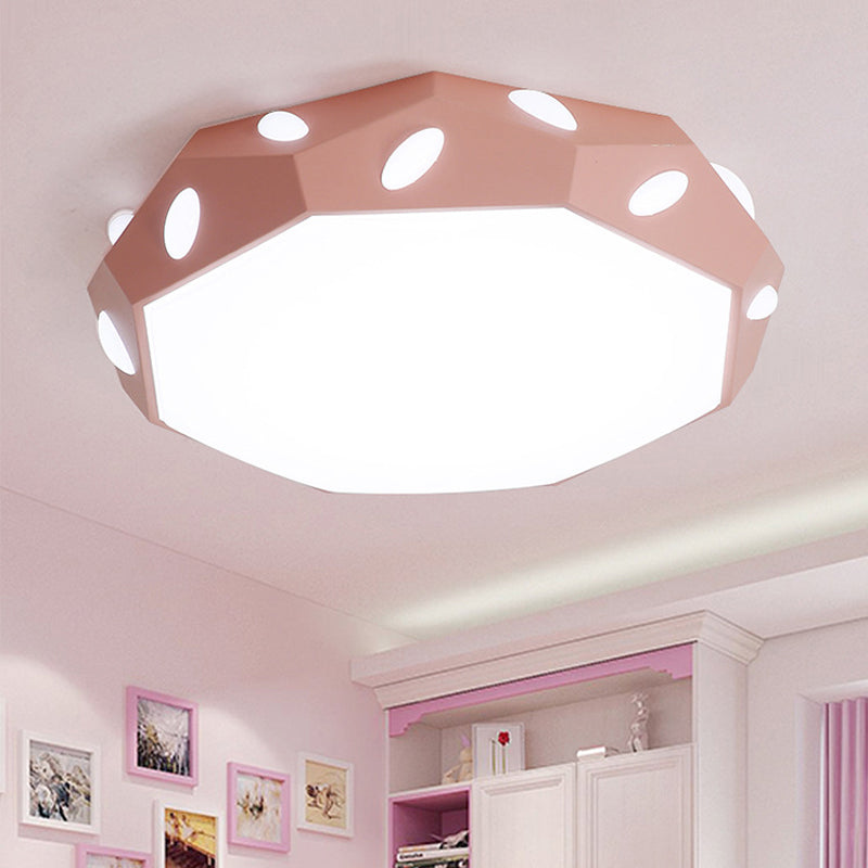Kids Bedroom Octagon Shade Flush Ceiling Light With Leaf Macaron Design - Acrylic Led Lamp