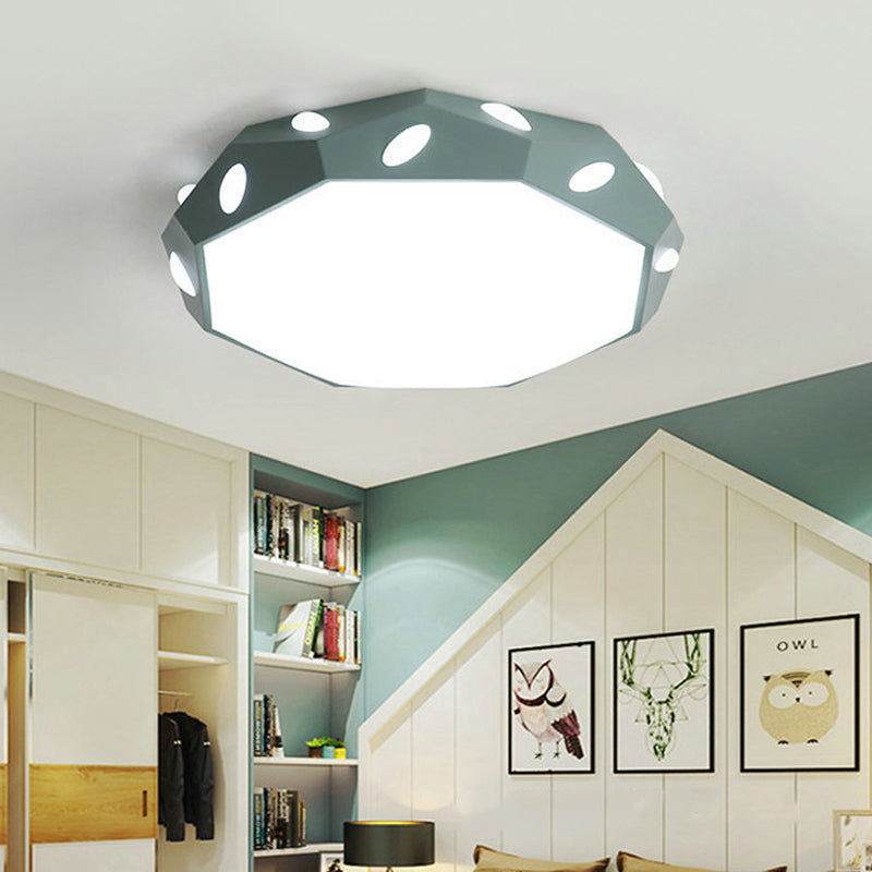 Kids Bedroom Octagon Shade Flush Ceiling Light With Leaf Macaron Design - Acrylic Led Lamp Green