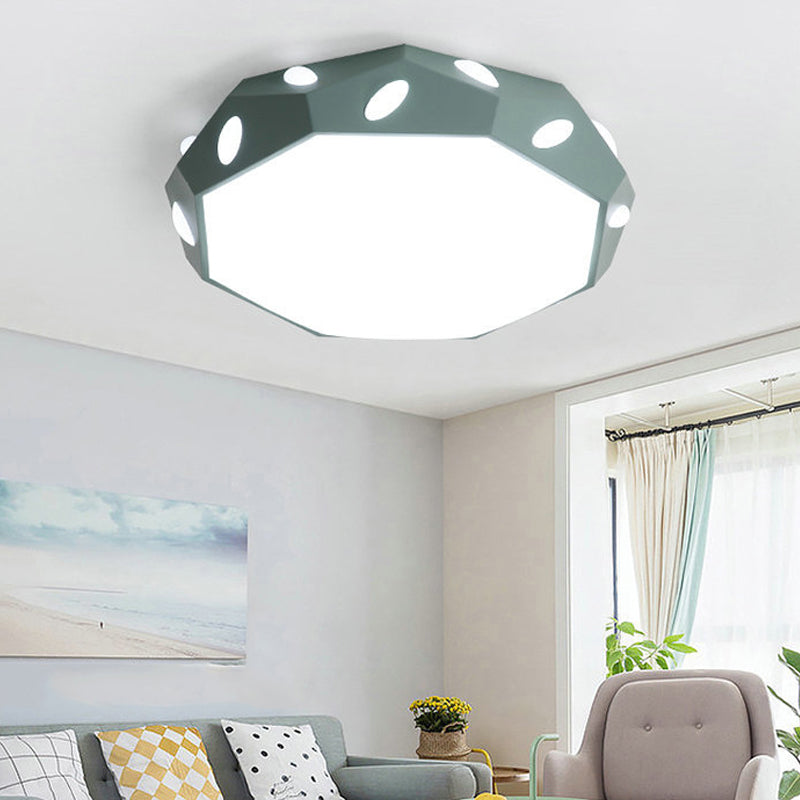 Kids Bedroom Octagon Shade Flush Ceiling Light With Leaf Macaron Design - Acrylic Led Lamp
