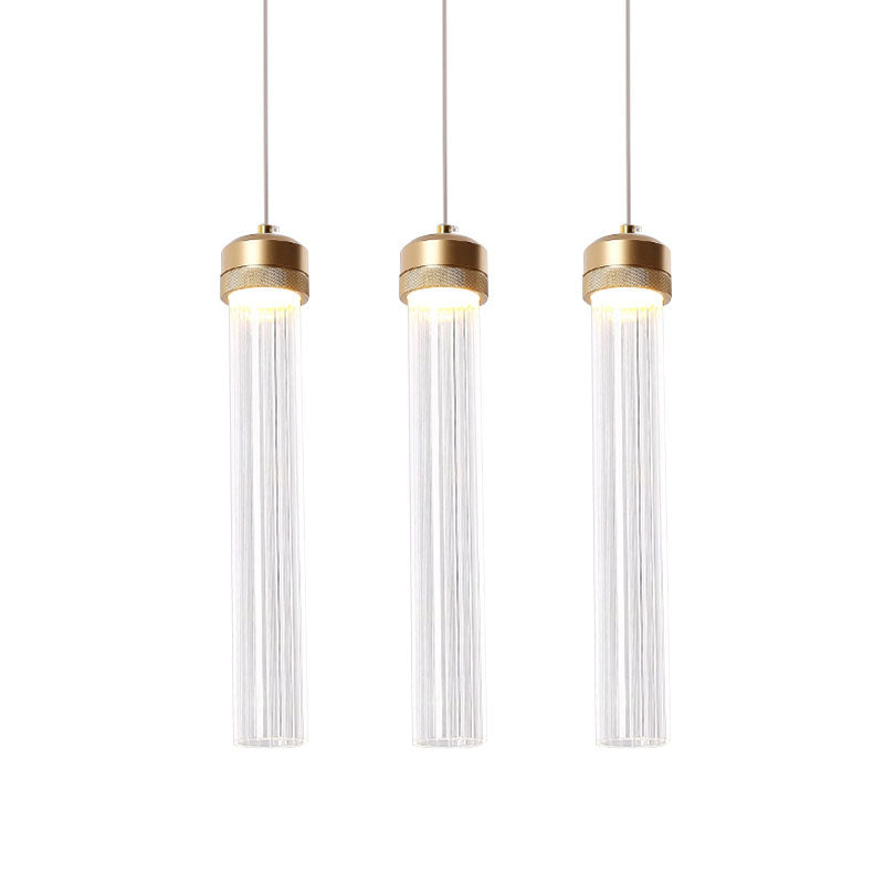 Clear Ribbed Glass Pendant with Gold Finish and Crystal Accents - Island Light