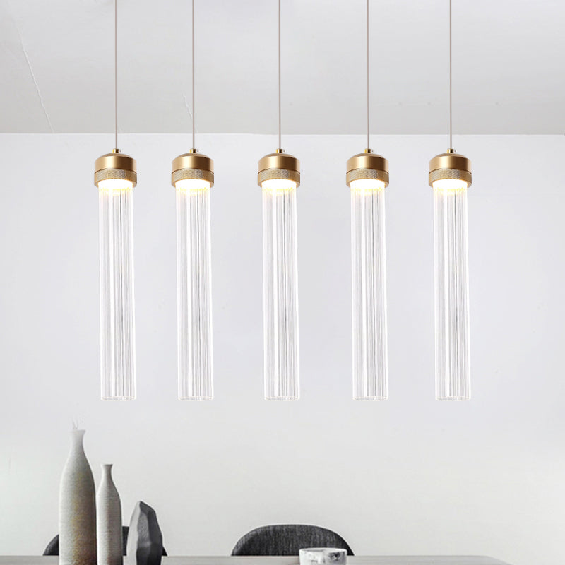 Clear Ribbed Glass Pendant with Gold Finish and Crystal Accents - Island Light