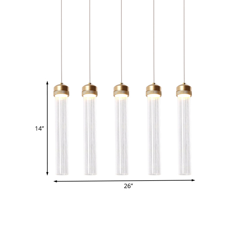 Clear Ribbed Glass Pendant with Gold Finish and Crystal Accents - Island Light