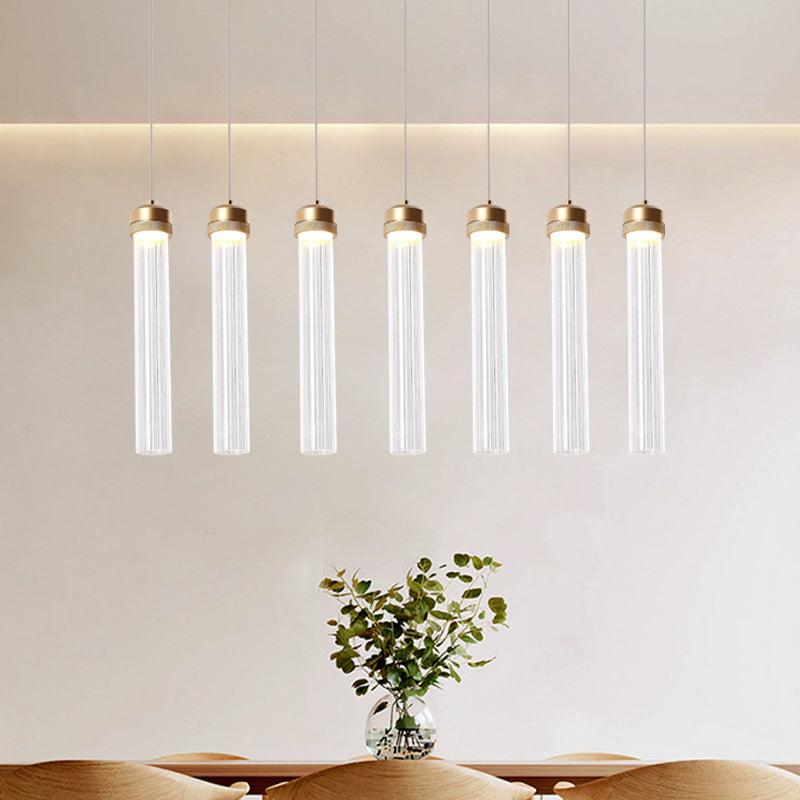 Clear Ribbed Glass Pendant with Gold Finish and Crystal Accents - Island Light