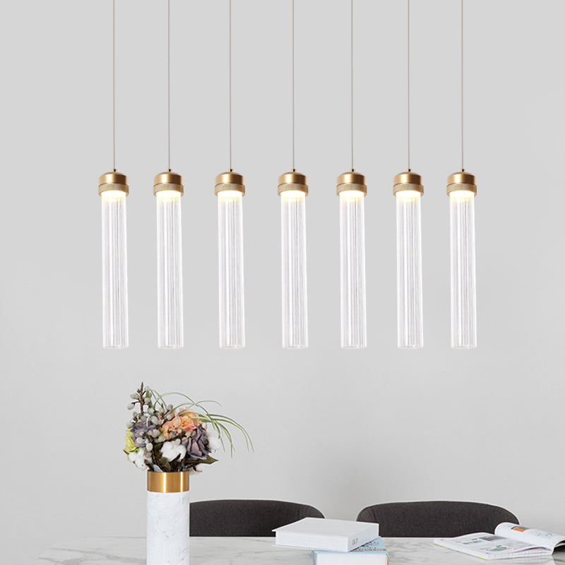 Clear Ribbed Glass Pendant with Gold Finish and Crystal Accents - Island Light