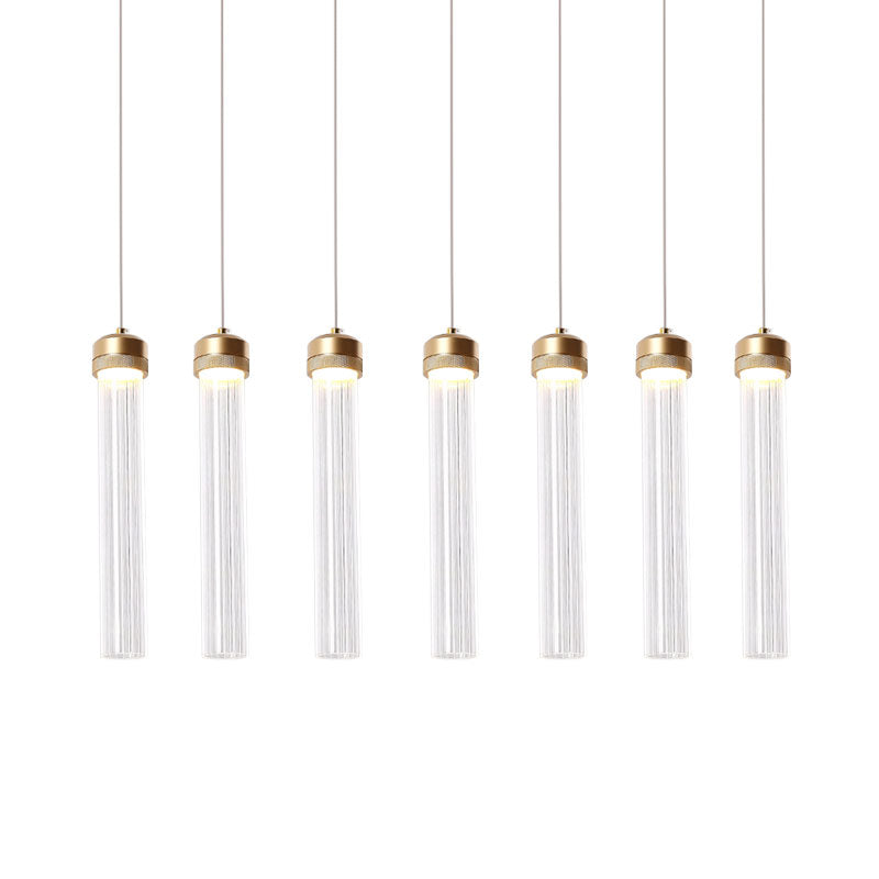 Clear Ribbed Glass Pendant with Gold Finish and Crystal Accents - Island Light