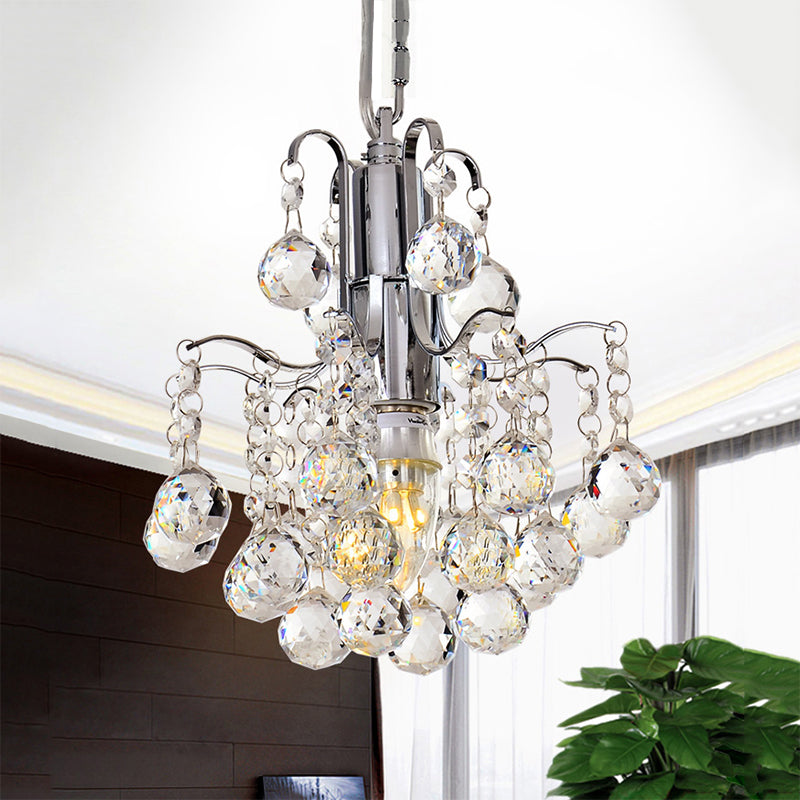 Chrome Finished Crystal Ball Curved Arm Chandelier with Bare Bulbs