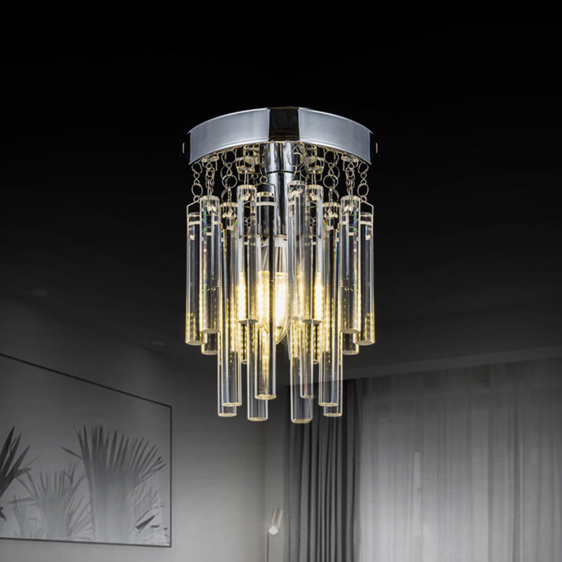Round Chrome Crystal Bar Flush Mount Ceiling Light - Bare Bulb Flushmount