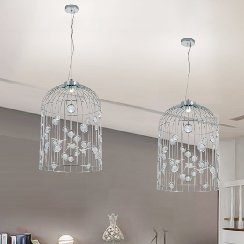 Crystal Bead Pendant Chandelier with Metal Bird Cage Design for Dining Room Lighting