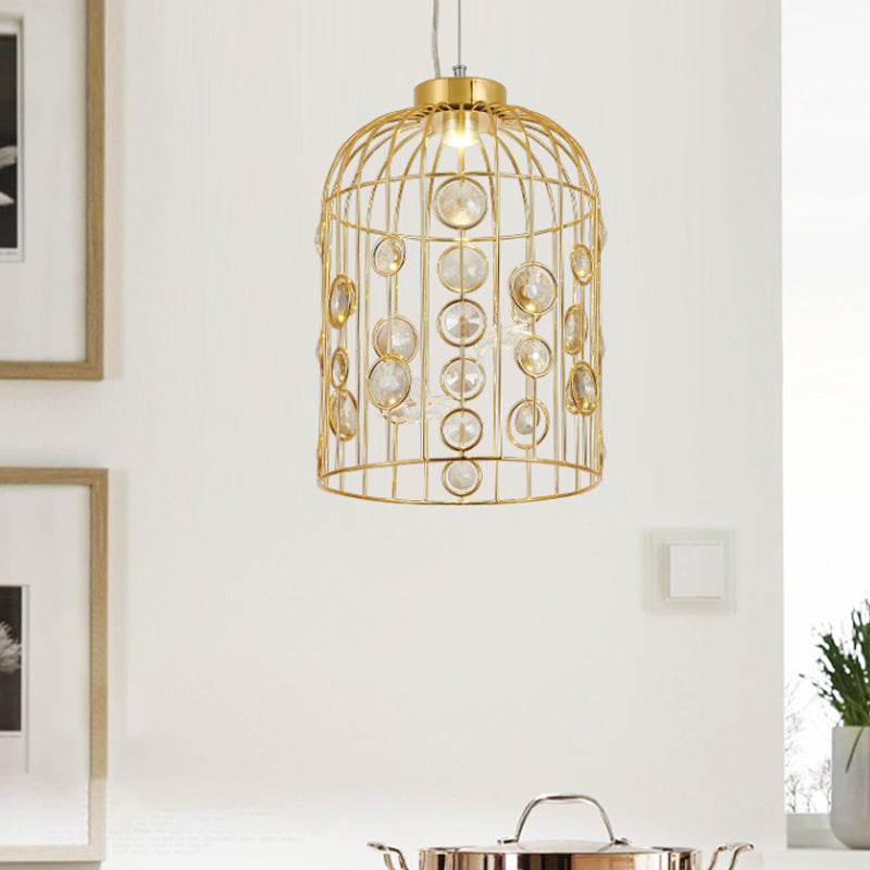 Crystal Bead Pendant Chandelier with Metal Bird Cage Design for Dining Room Lighting