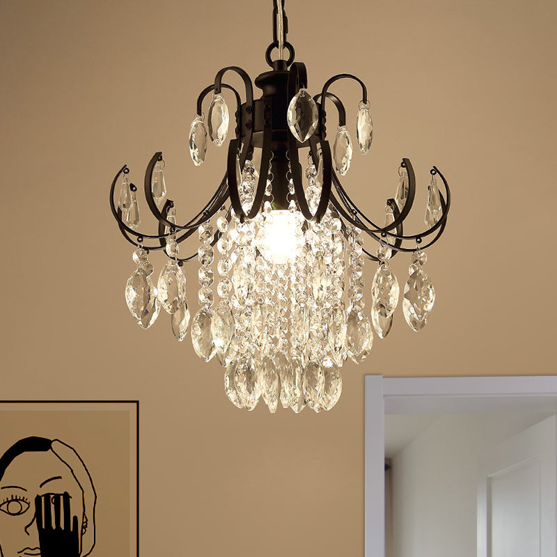 Sleek Crystal Strand Hanging Ceiling Light - Bent Arm Suspension Black/Gold Finish Black