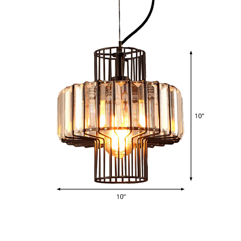Minimalist Lantern Crystal Block Suspension Lighting - 10/12.5 Wide 1 Head Ceiling Pendant In Black