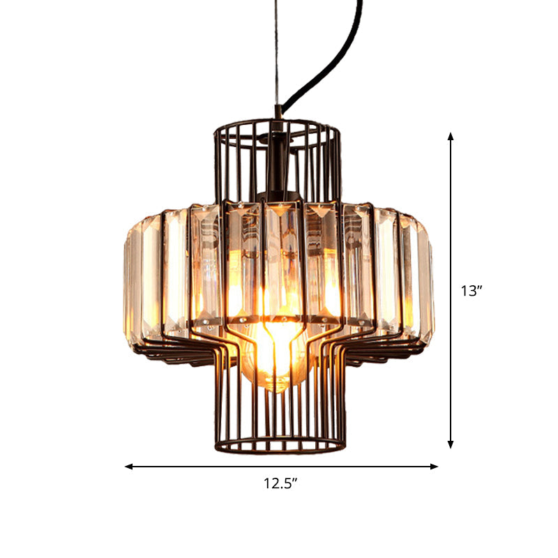 Minimalist Lantern Crystal Block Suspension Lighting - 10/12.5 Wide 1 Head Ceiling Pendant In Black