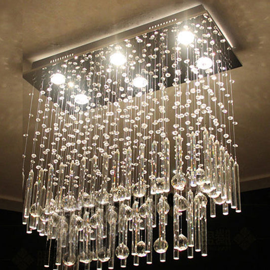 Crystal Cascade Flush Light Simple 6-Light Nickel Fixture - Perfect for Restaurants