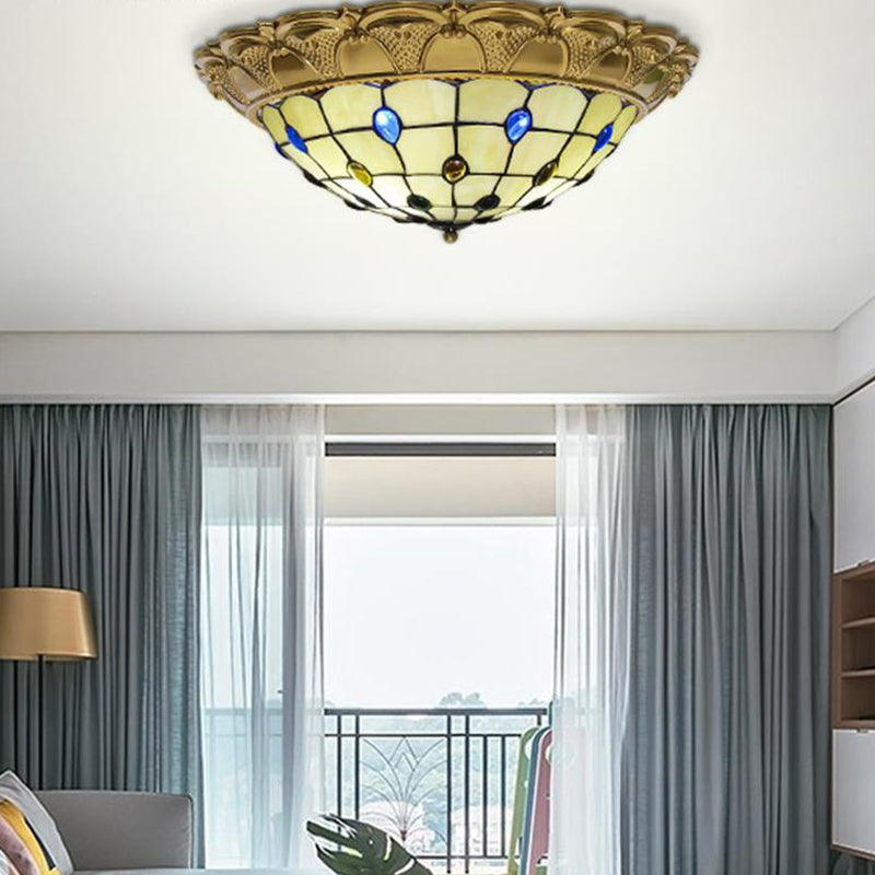 Lattice Bowl Flushmount LED Stained Glass Tiffany Style Ceiling Fixture in Brass, Various Sizes