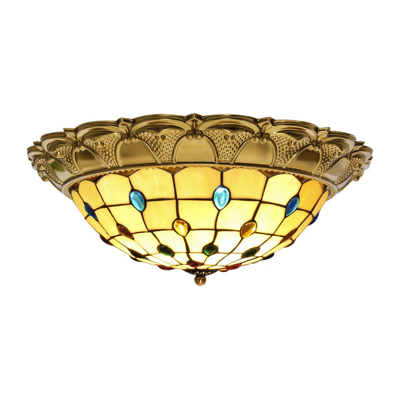 Lattice Bowl Flushmount LED Stained Glass Tiffany Style Ceiling Fixture in Brass, Various Sizes