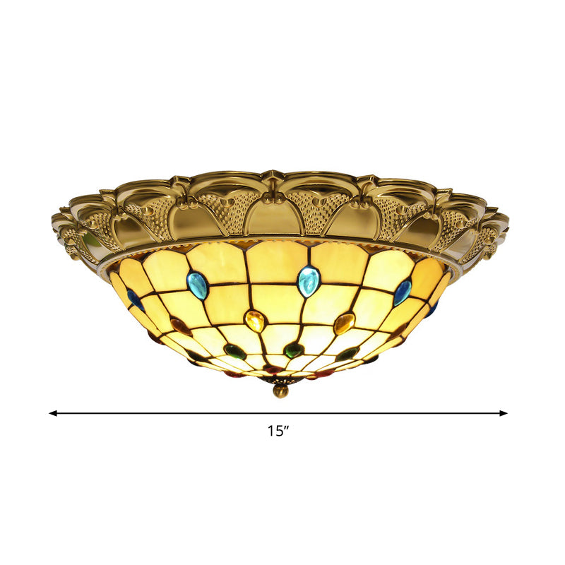 Lattice Bowl Flushmount LED Stained Glass Tiffany Style Ceiling Fixture in Brass, Various Sizes