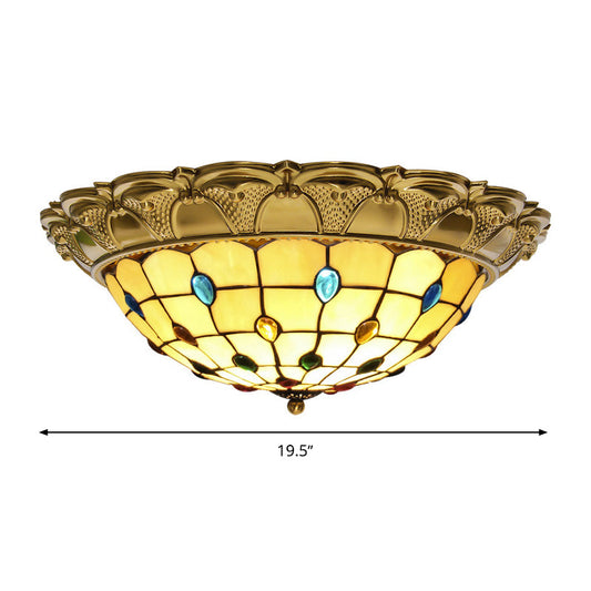 Lattice Bowl Flushmount Led Stained Glass Tiffany Style Ceiling Fixture In Brass Various Sizes
