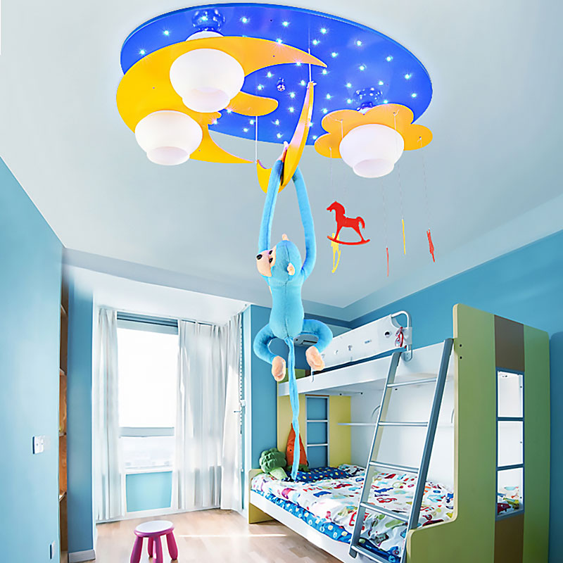 Decorative Metal Moon & Star Ceiling Light for Child's Bedroom with Hanging Monkey