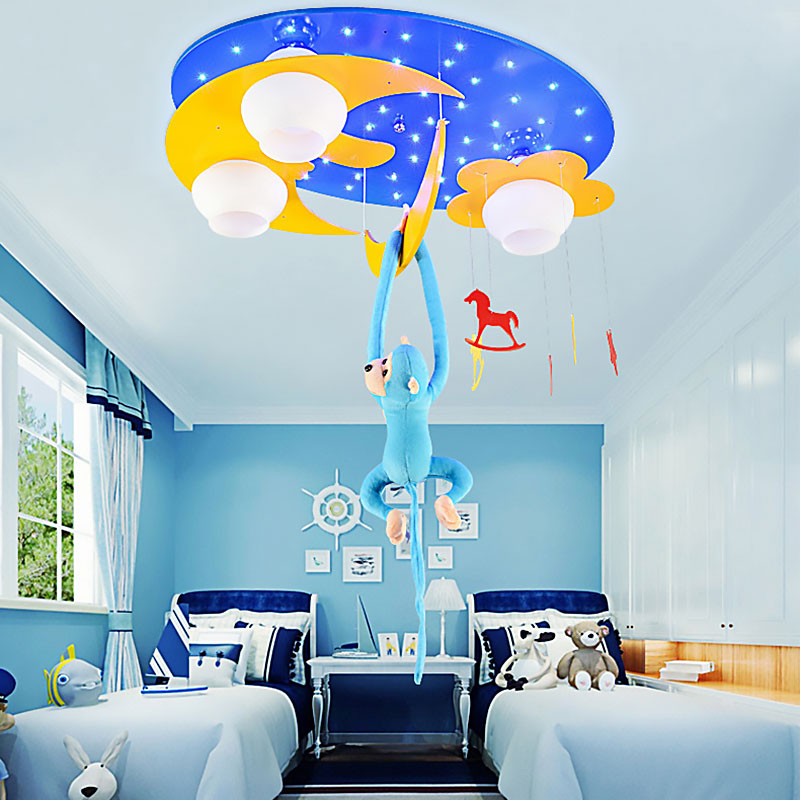 Decorative Metal Moon & Star Ceiling Light for Child's Bedroom with Hanging Monkey