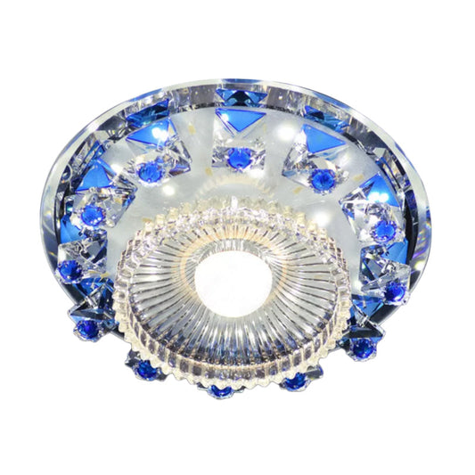 Minimalist LED Ceiling Light in Blue/Purple with Crystal Cubic Flush Mount & Clear Ribbed Glass Shade