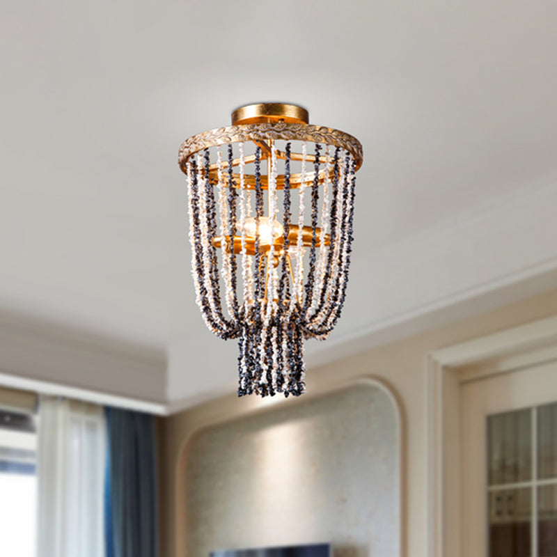 Antiqued Metal 2-Light Brass Flushmount: Basket Dining Room Lighting with Stone Chain