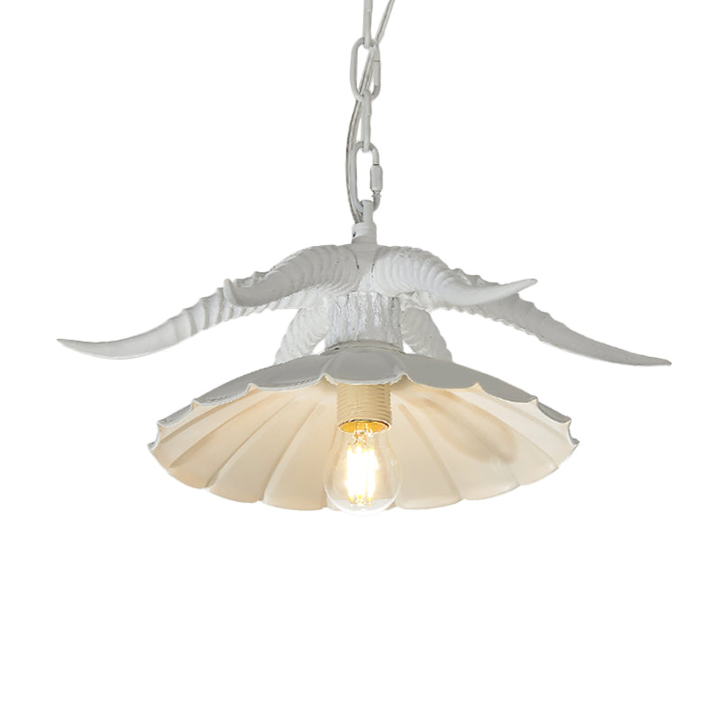 Rustic Resin Ox Horn Hanging Lamp: Brass/White Pendant Light With Scalloped Shade