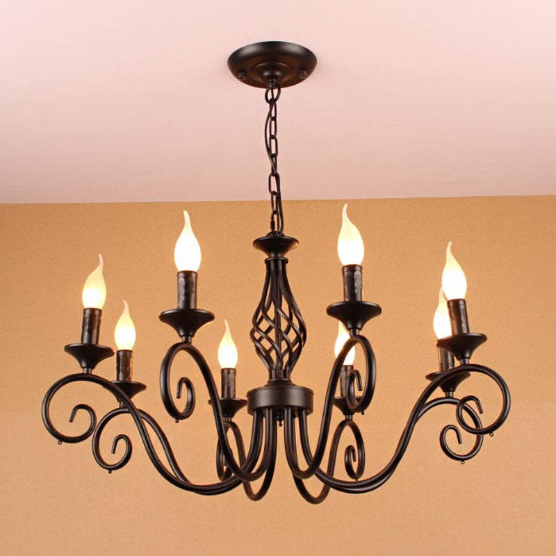 Vintage Metal Curly Arm Pendant Chandelier - 8 Bulbs Black/White/Blue Ideal For Living Room