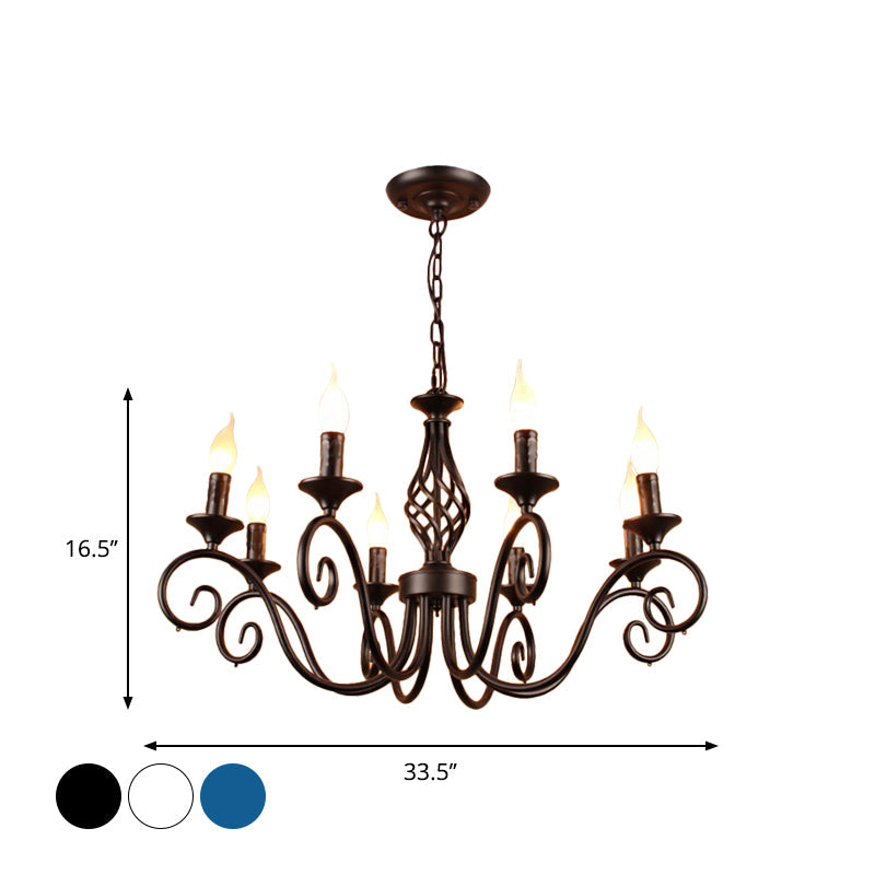 Vintage Metal Curly Arm Pendant Chandelier - 8 Bulbs Black/White/Blue Ideal For Living Room
