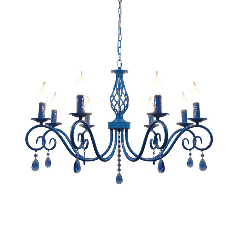 Vintage Metal Curly Arm Pendant Chandelier - 8 Bulbs Black/White/Blue Ideal For Living Room