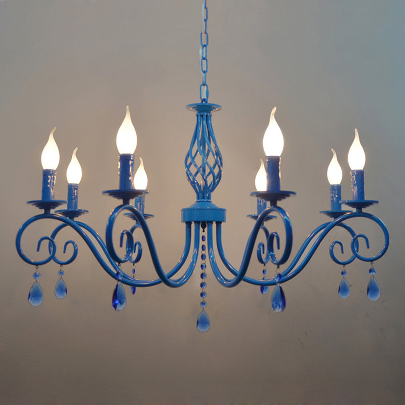 Vintage Metal Curly Arm Pendant Chandelier - 8 Bulbs Black/White/Blue Ideal For Living Room