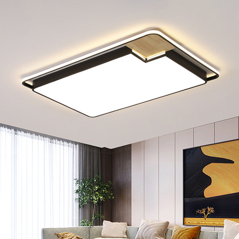 Modern Black And Wood Led Ceiling Light: Acrylic Rectangular/Square Flushmount With Cut Corner