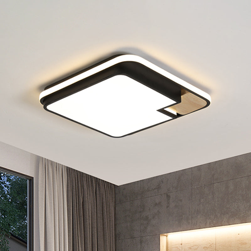 Modern Black and Wood LED Ceiling Light: Acrylic Rectangular/Square Flushmount with Cut Corner and White/3 Color Light