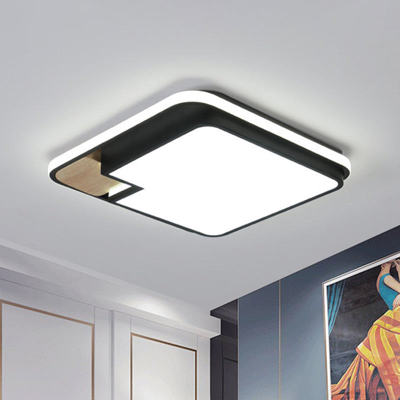 Modern Black and Wood LED Ceiling Light: Acrylic Rectangular/Square Flushmount with Cut Corner and White/3 Color Light