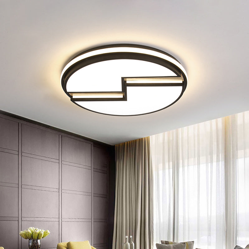 Minimalist LED Black Ceiling Light Acrylic Round Cracked Flush Mount Lamp (White/3 Color Light) for Bedroom