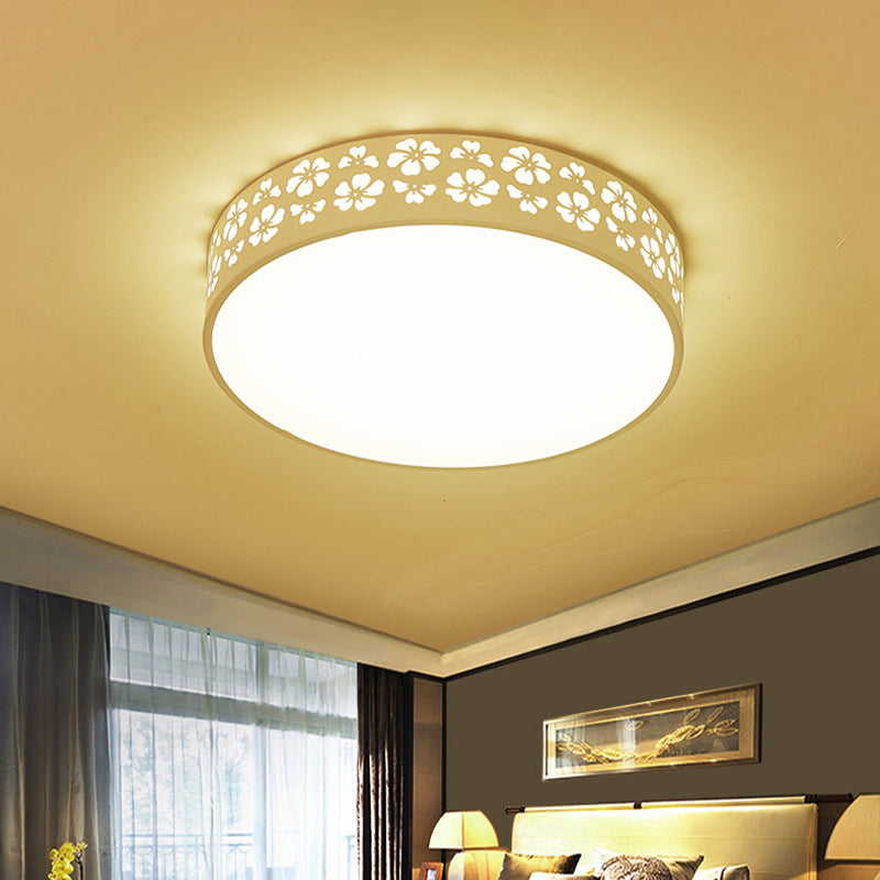 15/19 Wide Drum Metal Ceiling Lamp - Modern White Led Flush Mount Light With Cutout Flower White/3