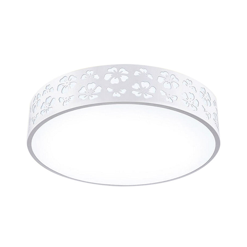 15/19 Wide Drum Metal Ceiling Lamp - Modern White Led Flush Mount Light With Cutout Flower White/3