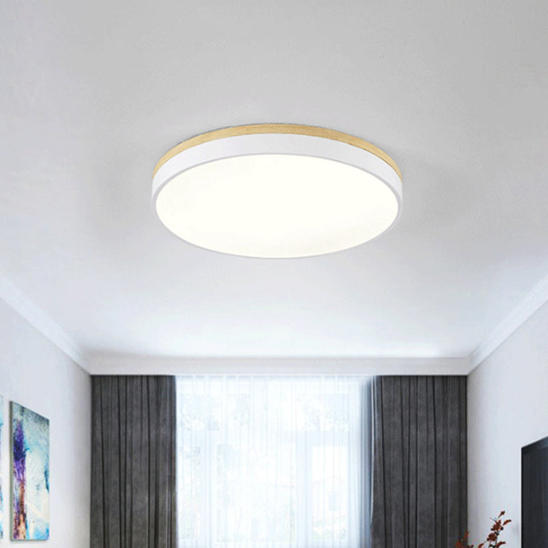 Minimalist White LED Acrylic Flushmount Ceiling Light with Wood Canopy - 12"/16"/19.5" Diameter
