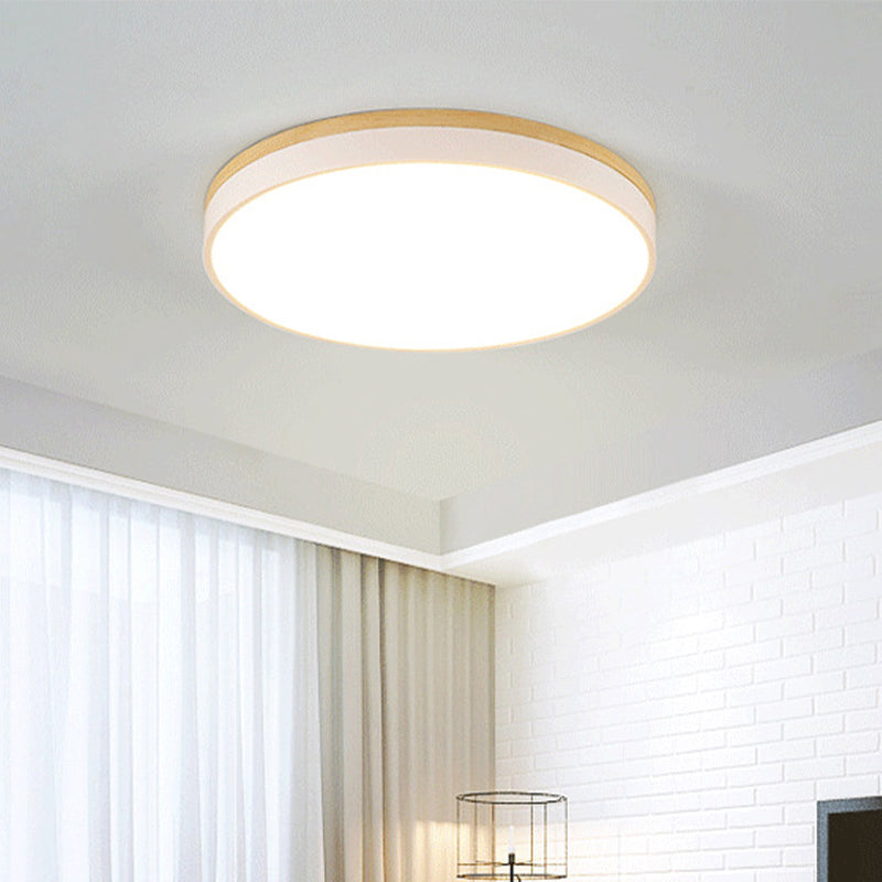 Minimalist White LED Acrylic Flushmount Ceiling Light with Wood Canopy - 12"/16"/19.5" Diameter