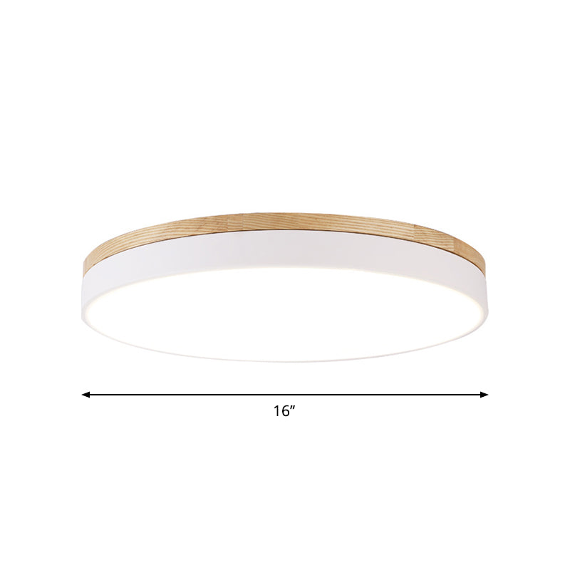 Minimalist White Led Acrylic Flushmount Ceiling Light With Wood Canopy - 12/16/19.5 Diameter