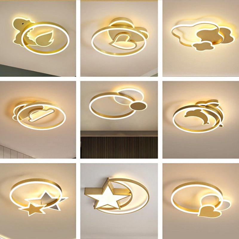 Plafonnier LED moderne en or poli pour chambre d'enfant - Forme de nuage, de cercle et de moulin à vent