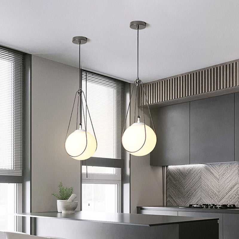 Modern White Glass Teardrop Hanging Light with Nickel Finish - 1 Light for Restaurant (8"/10"/12" Width)
