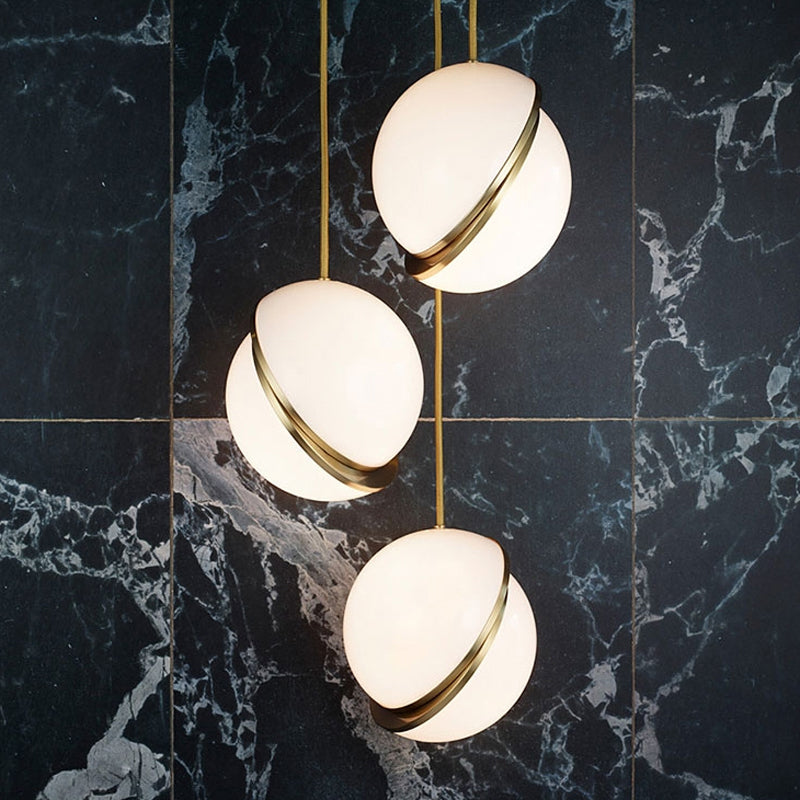 Frosted White Glass Sliced Sphere Hanging Lamp in Brass - Available in 3 Sizes