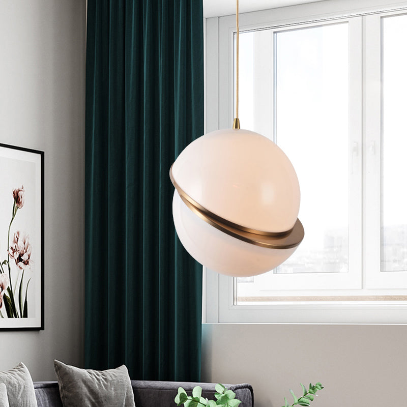 Frosted White Glass Hanging Lamp - Brass Postmodern Single-Bulb Pendant (8/10/12)