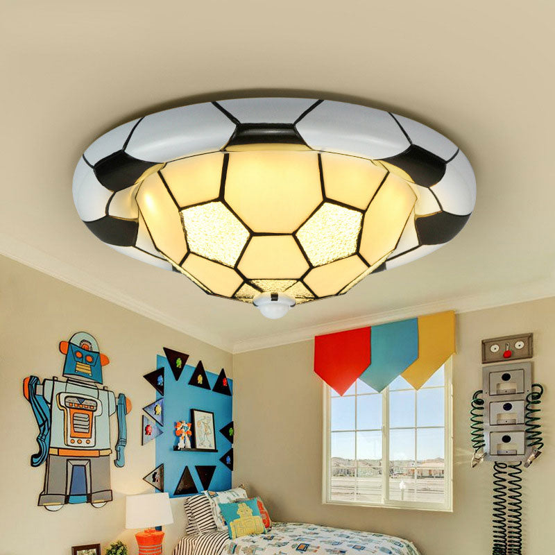 Tiffany Style Glass Football Shade Ceiling Light - Flush Mount in White for Child's Bedroom
