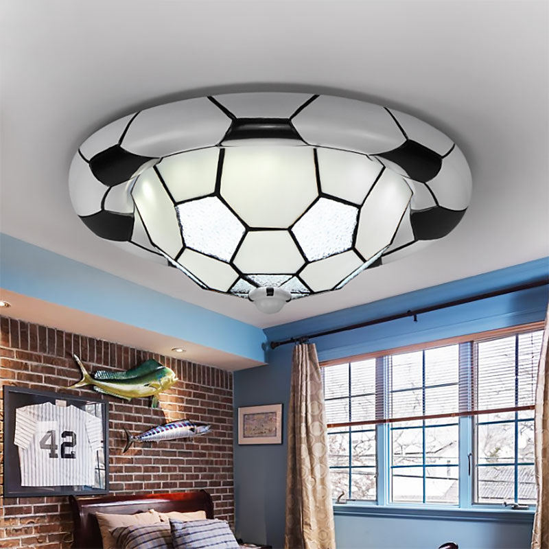 Tiffany Style Glass Football Shade Ceiling Light - Flush Mount in White for Child's Bedroom