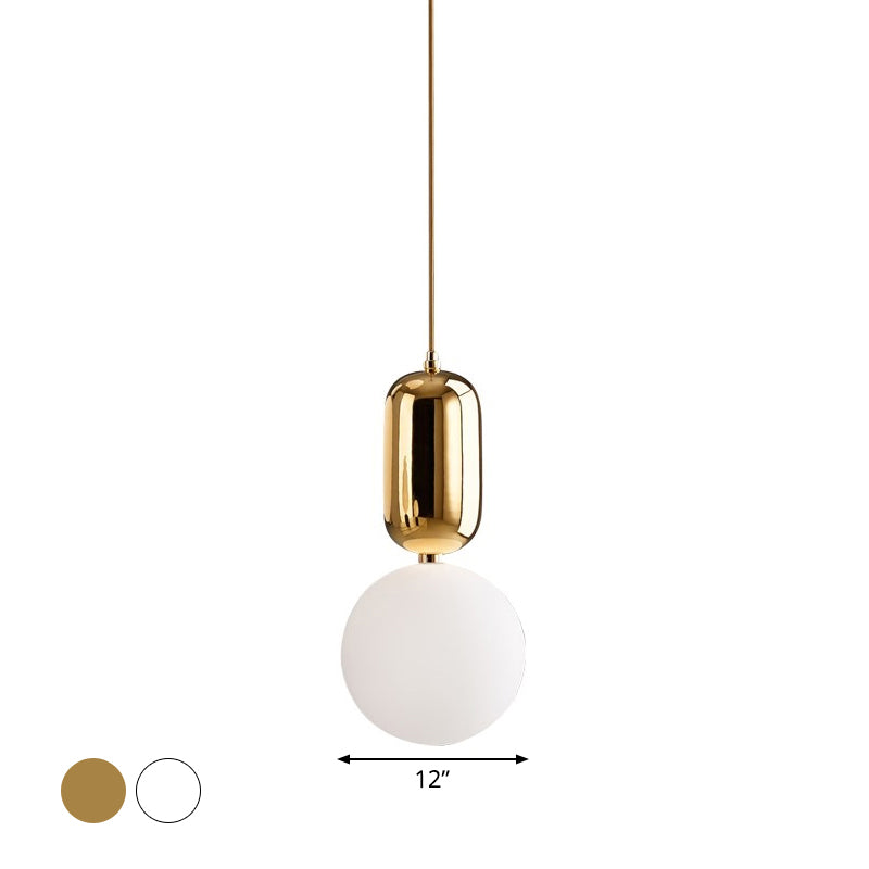 Lampe suspendue postmoderne à 1 ampoule avec abat-jour en verre à boule laiteuse - Blanc/doré, 6"/8"/12" de diamètre