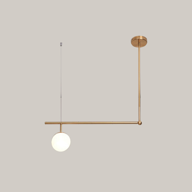 Gold Right Angled Bar Hanging Light Kit - Minimalist Pendant Lamp with Opal Glass Shade