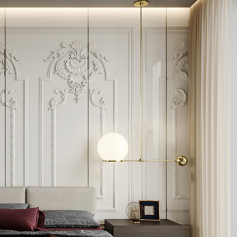 Frosted White Glass Globe Hotel Ceiling Suspension Lamp: Elegant 1-Head Postmodern Drop Pendant with Sleek Lever Design in Black/Gold